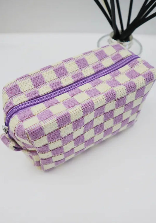 Love And Repeat Purple And White Checkered Knitted Cosmetic Bag