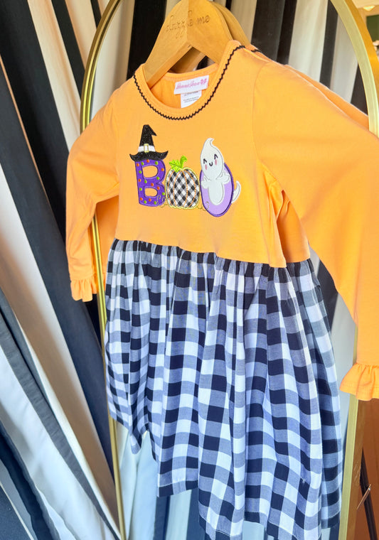 Bonnie Jean Orange and Plaid Knitted "Boo" Dress