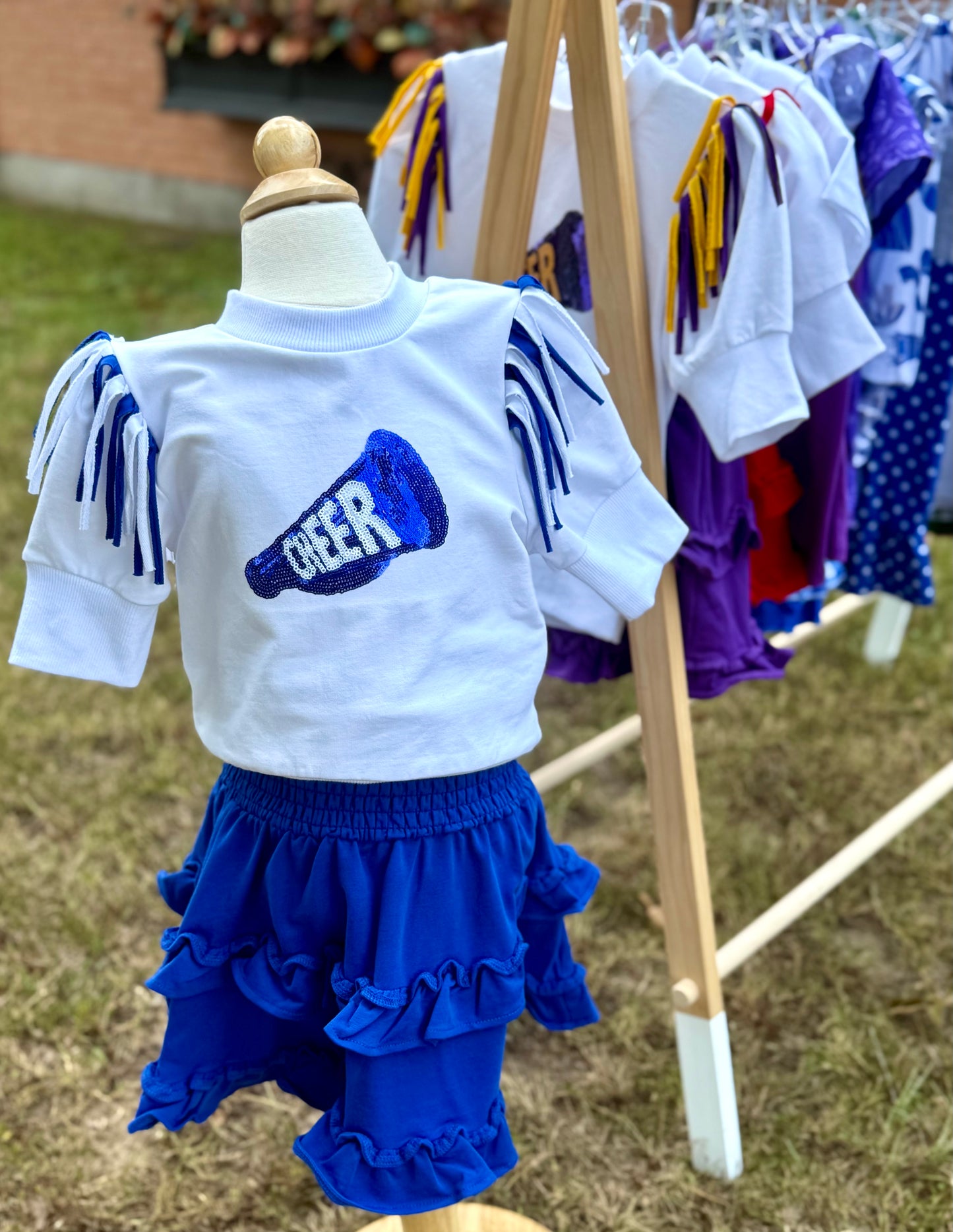 Blue & White Megaphone Cheer Skirt Spirit Set