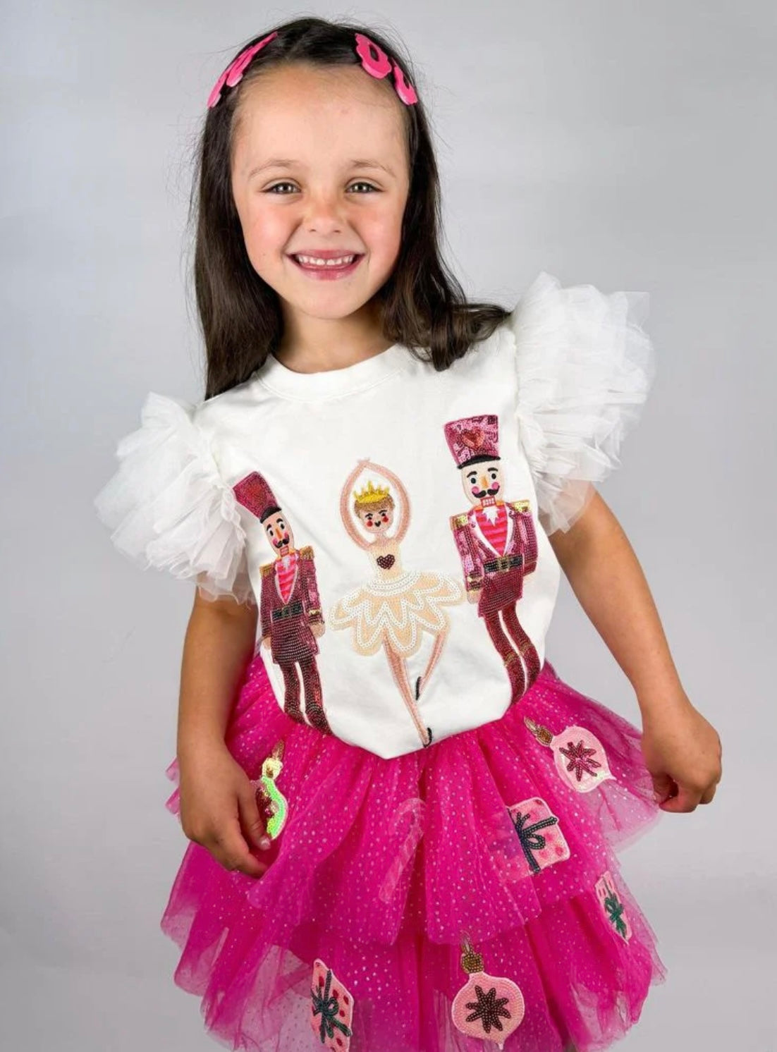 Christmas Nutcracker & Ballerina Patched Top with Tulle Sleeves