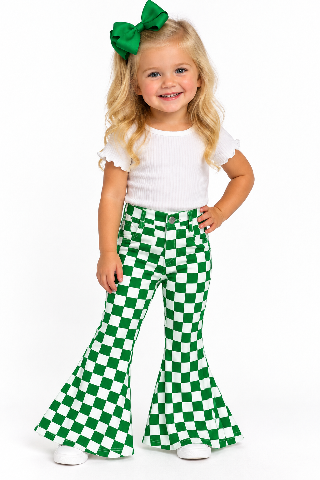 Baby Girls Green & White Checked Denim Bell Bottom Pants