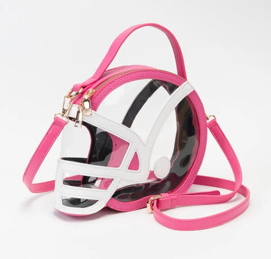 Transparent GameDay Football Helmet Shaped Crossbody Handbag-Fuschia & White