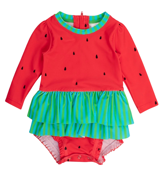 Ruffle Butts Watermelon Long Sleeve Skirted One Piece Rash Guard