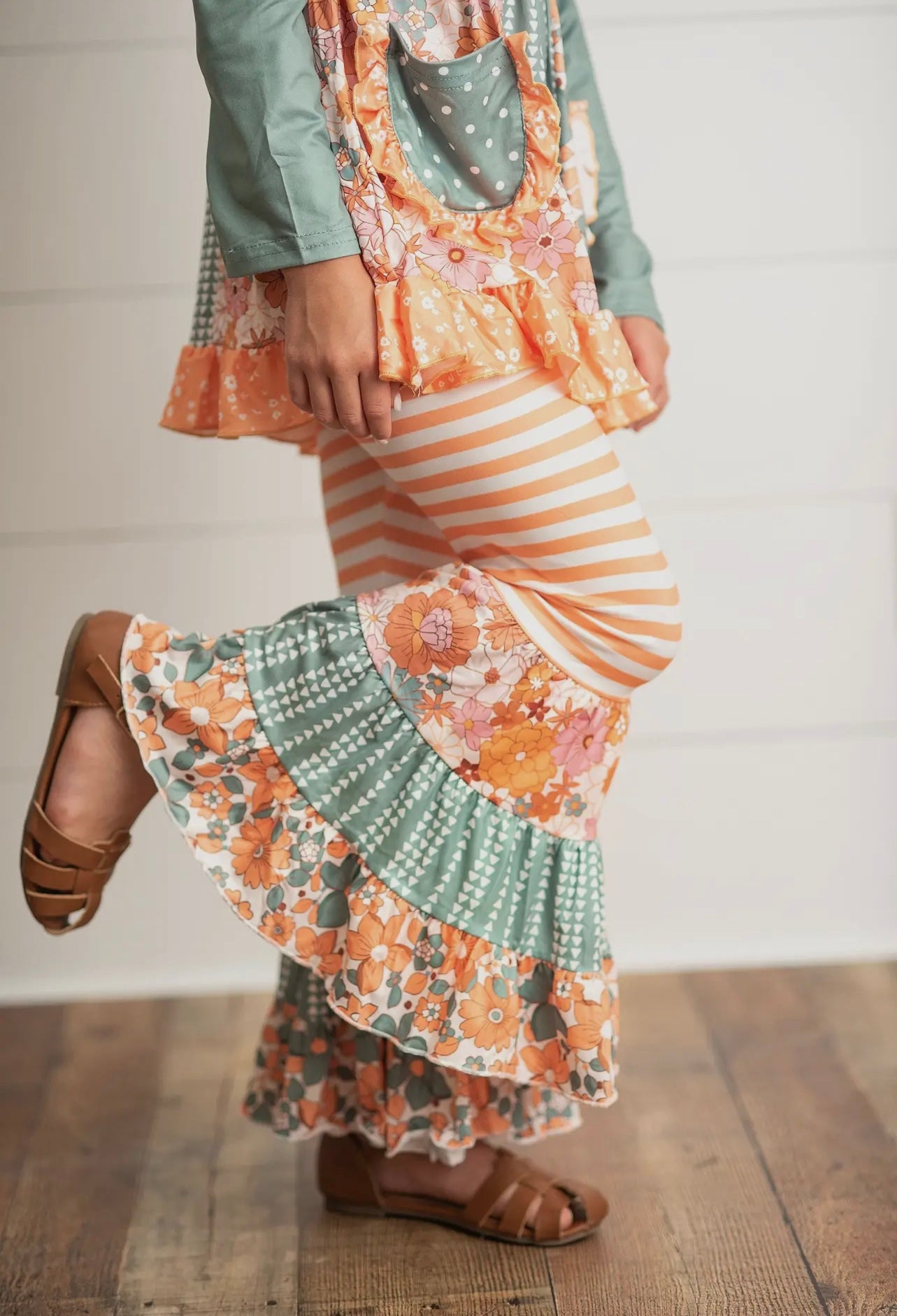 Sage & Orange Floral Ruffle Bell Bottom Set