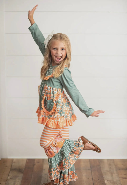 Sage & Orange Floral Ruffle Bell Bottom Set