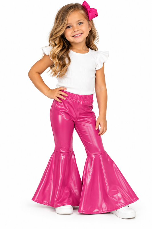 Baby Girls Dark Pink Leather Bell Bottom Pants