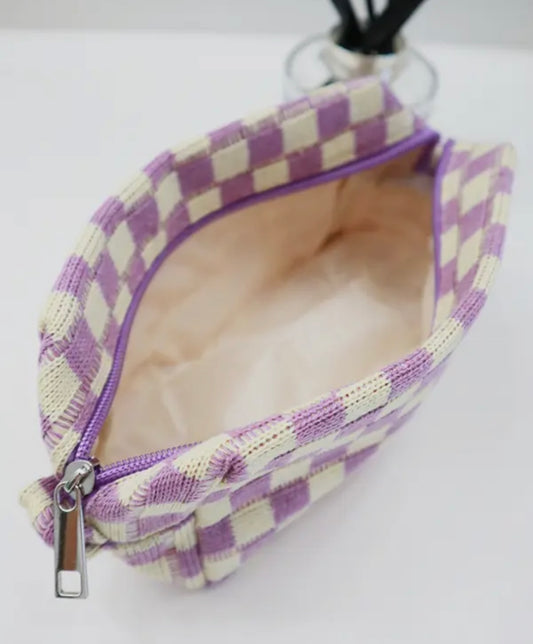 Love And Repeat Purple And White Checkered Knitted Cosmetic Bag