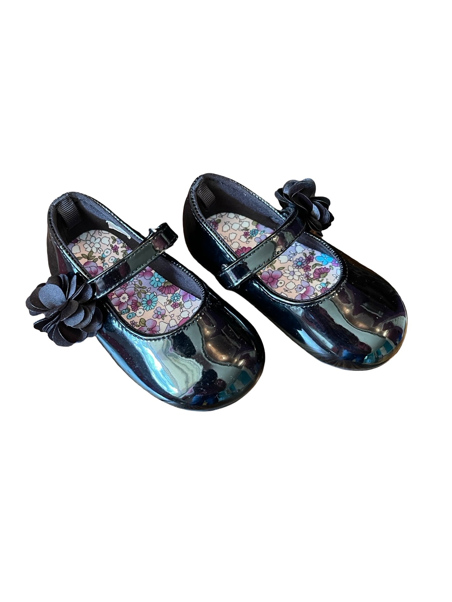Baby Deer Black Patent Shoes With Flower