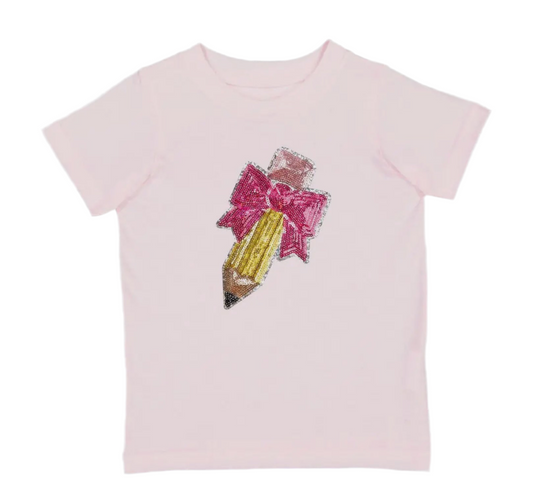 Back To School Sequin Pencil Bow Tee Shirt