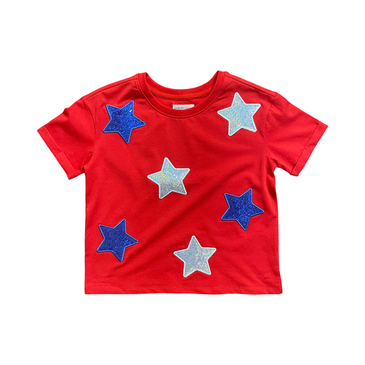 Fourth Of July Red Tee With Blue and Silver Sequin Stars