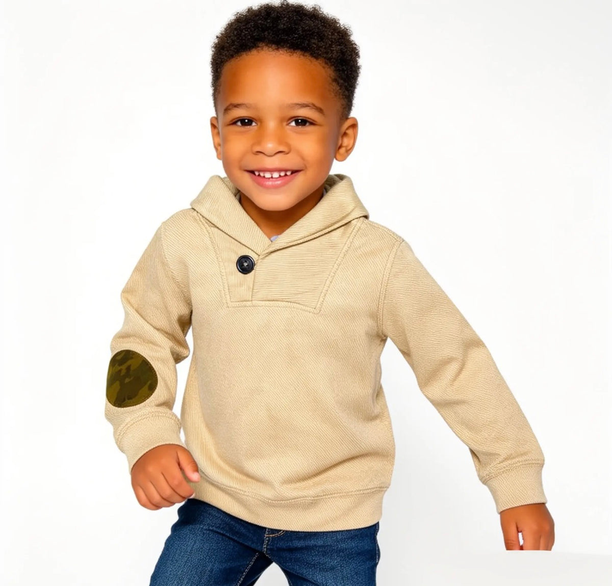 Boys Tan Camo Elbow Patch Shawl Collar Sweater