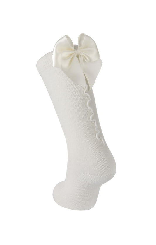 Carlomagno White Ruffle Knee High Socks with Bows