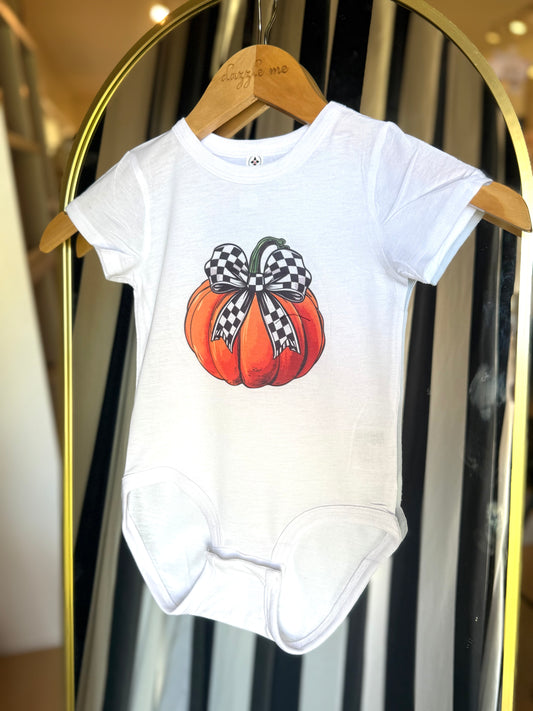 Halloween Pumpkin With Checkered Bow Onesie