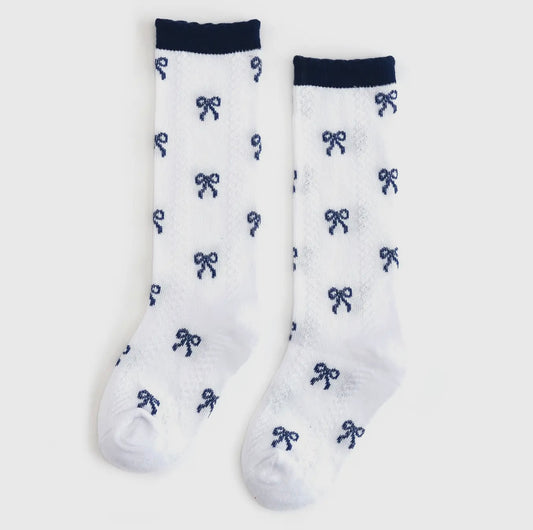 Little Stocking Co. Navy Bow Scalloped Knee High Socks