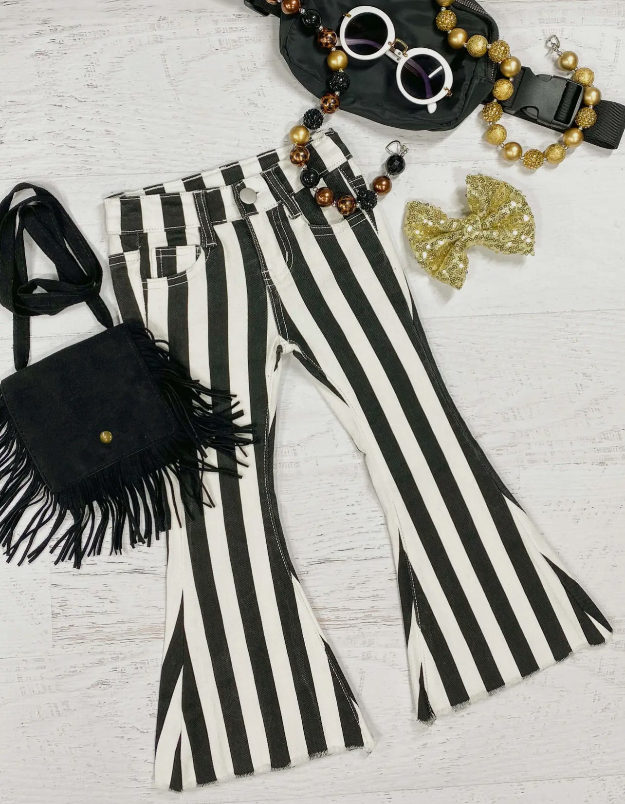 Black & White Striped Bell Bottom Jeans