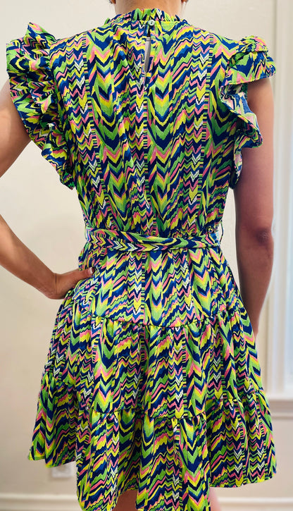 Green mix Print Belted Waist Tiered Dress