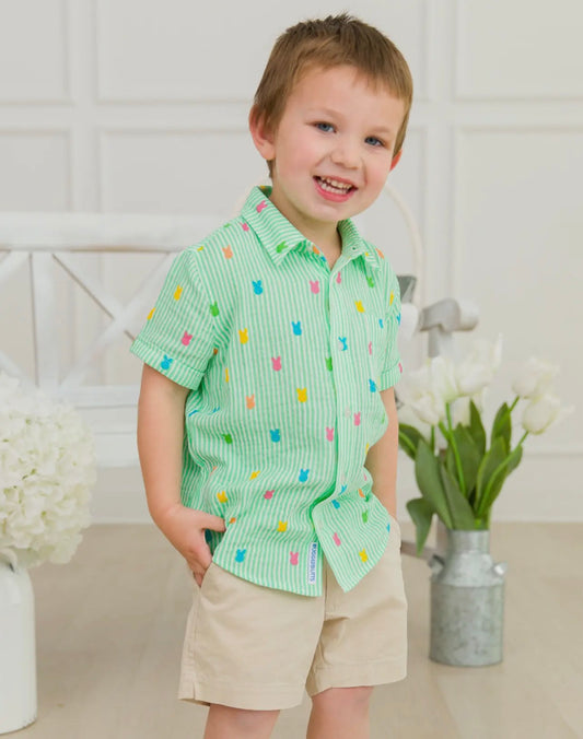 RuggedButts Boys Easter Green Bunny Stripe Short Sleeve Button Down Shirt