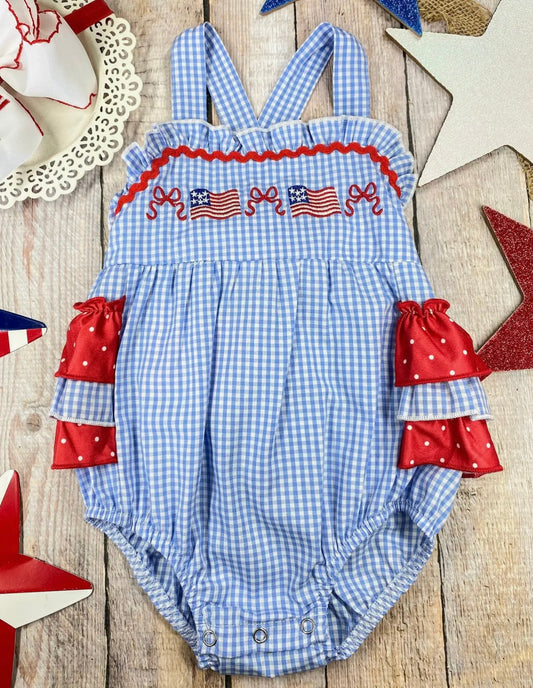 Fourth of July Baby Girls Blue Gingham American Flag Smocked Bubble Romper