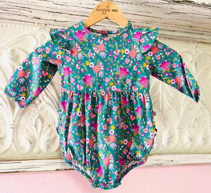 RuffleButts Emerald Floral Long Sleeve Bubble