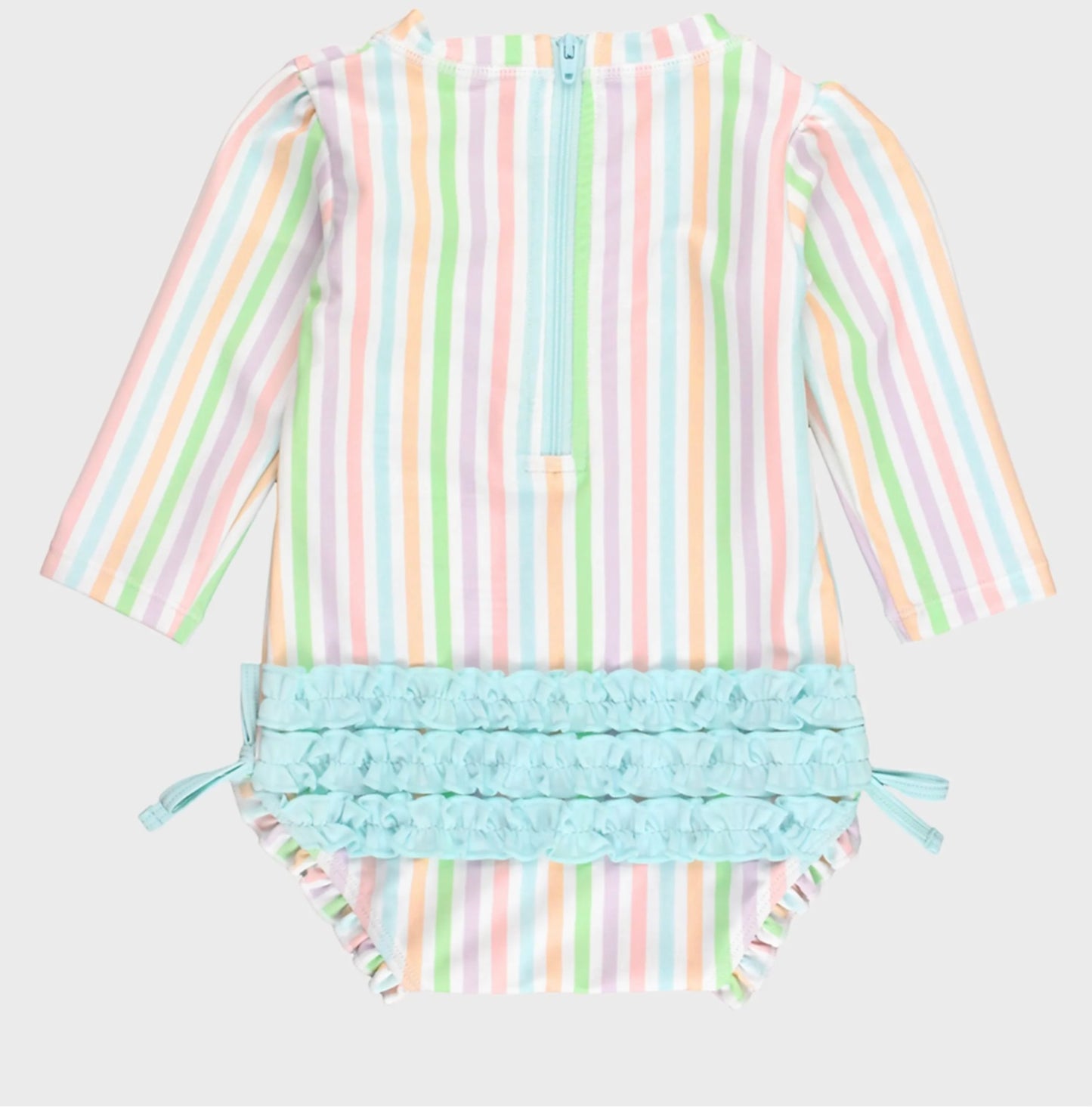 Ruffle Butts Pale Rainbow Stripe LS One Piece Rashguard