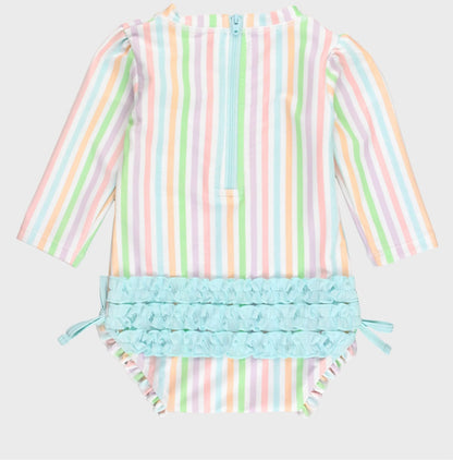 Ruffle Butts Pale Rainbow Stripe LS One Piece Rashguard