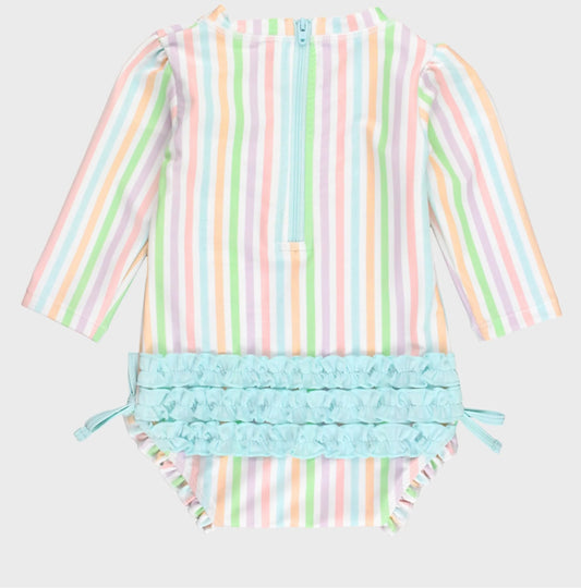 Ruffle Butts Pale Rainbow Stripe LS One Piece Rashguard