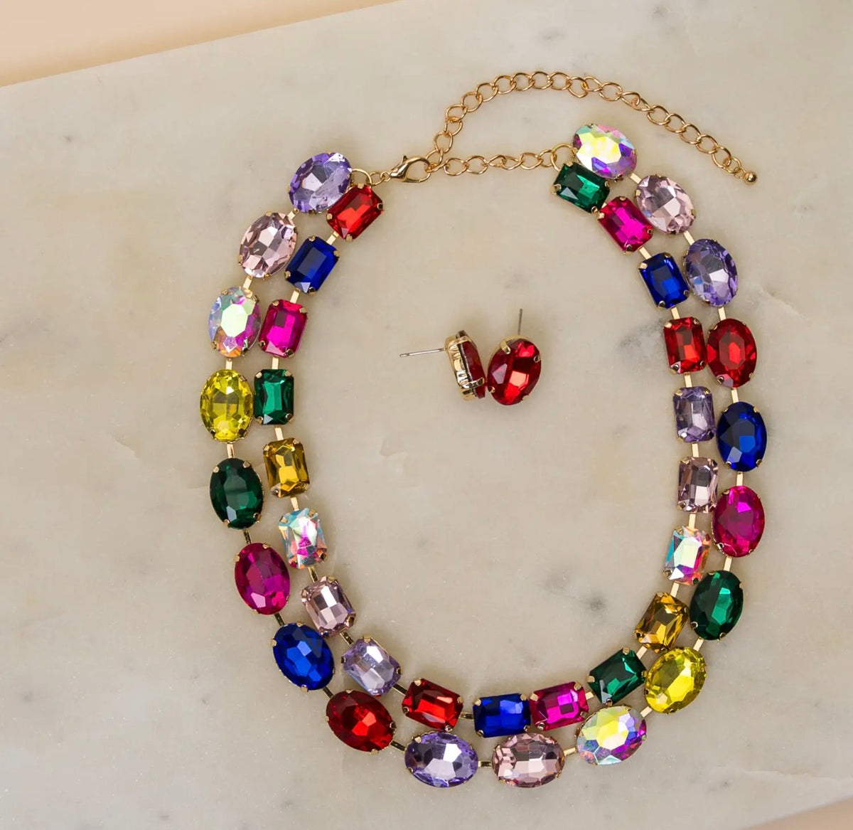 Oval and Emerald Cut Crystal Rainbow Necklace Set