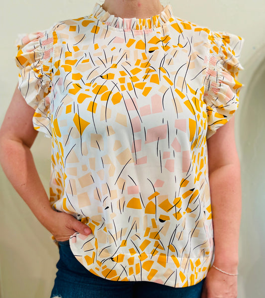 Print Smocked Ruffled Shoulder Top