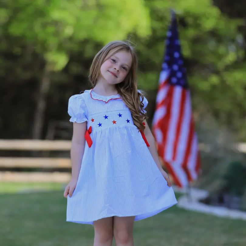 Fourth Of July Smocked Star Embroidered Dress