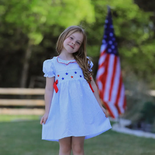 Fourth Of July Smocked Star Embroidered Dress