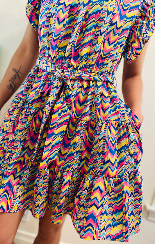 Royal Mix Print Belted Waist Tiered Dress