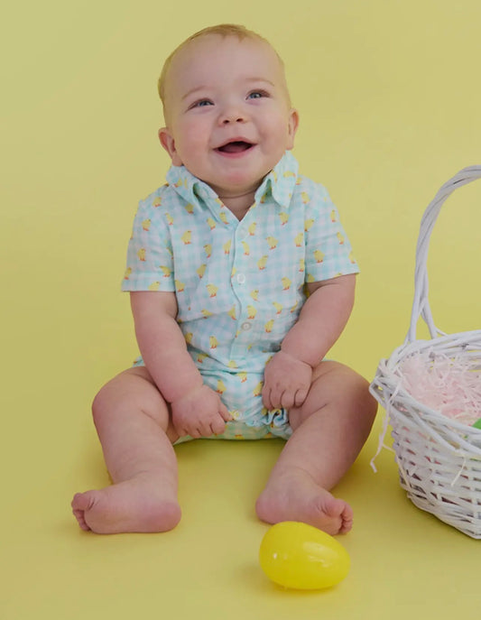 RuggedButts Baby Boys Chirping Chicks Gingham Button-Up Romper
