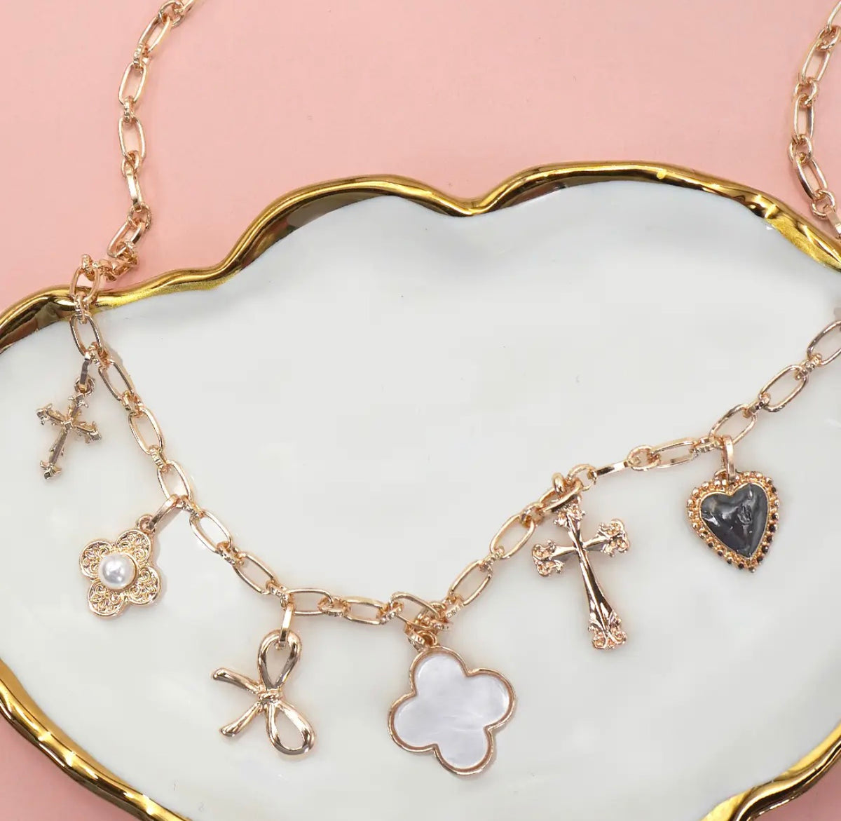 Charm Necklace-Clover Bow Heart Cross Flower