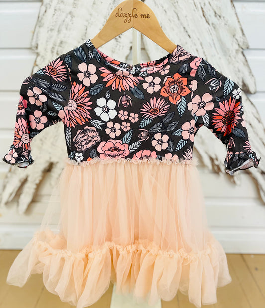 Brown & Peach Vintage Floral Tulle Dress