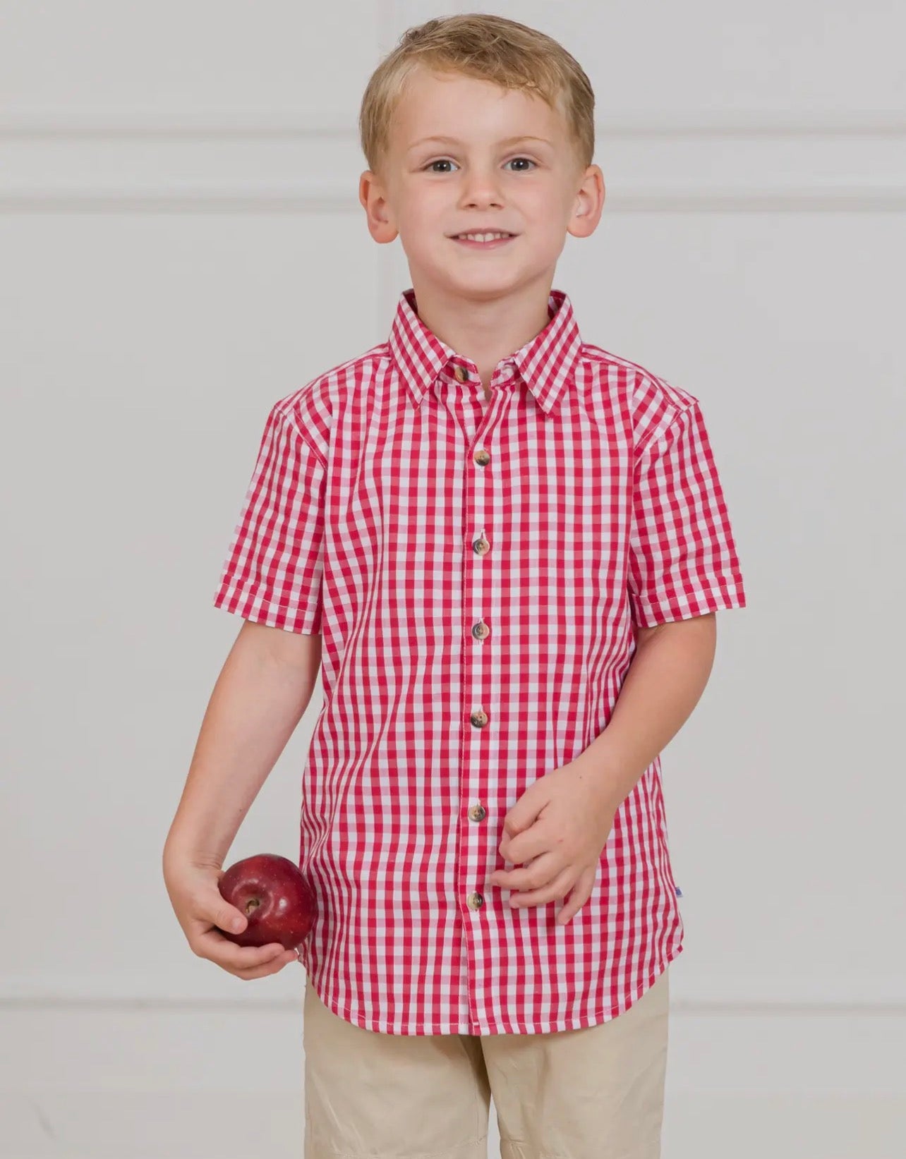 RuggedButts Boys Classic Red Gingham Short Sleeve Button Down Shirt