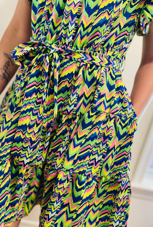 Green mix Print Belted Waist Tiered Dress