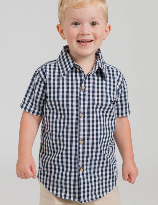 RuggedButts Boys Classic Dark Navy Gingham Short Sleeve Button Down Shirt