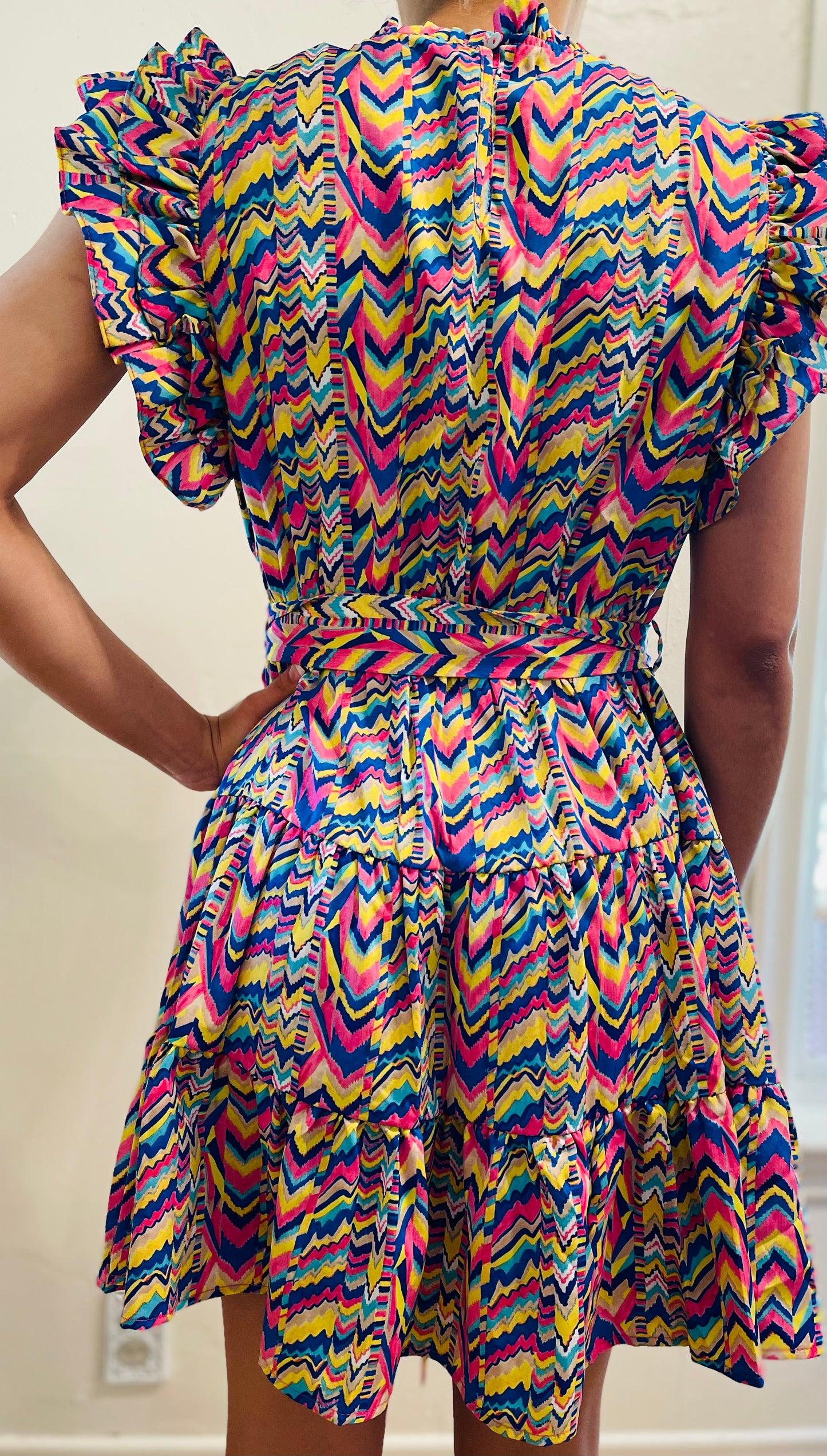 Royal Mix Print Belted Waist Tiered Dress