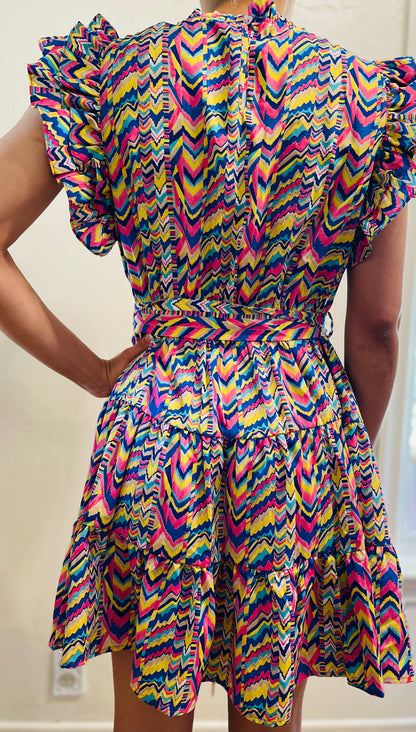 Royal Mix Print Belted Waist Tiered Dress