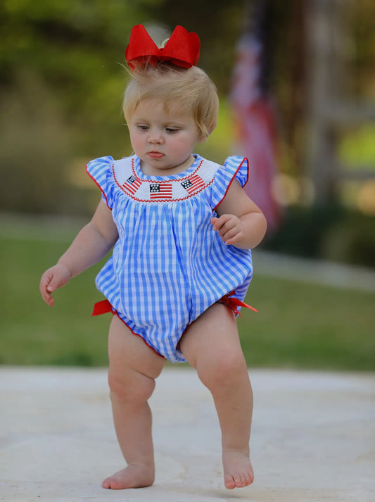 Fourth Of July Smocked Flag Embroidered Romper