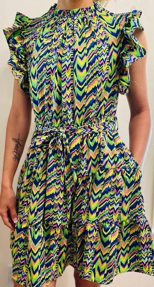 Green mix Print Belted Waist Tiered Dress