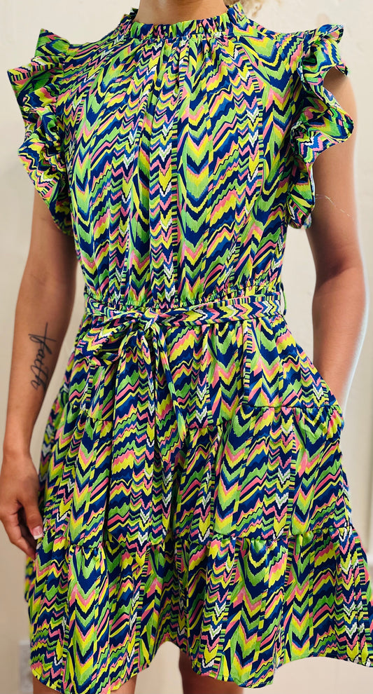 Jodifl Green mix Print Belted Waist Tiered Dress