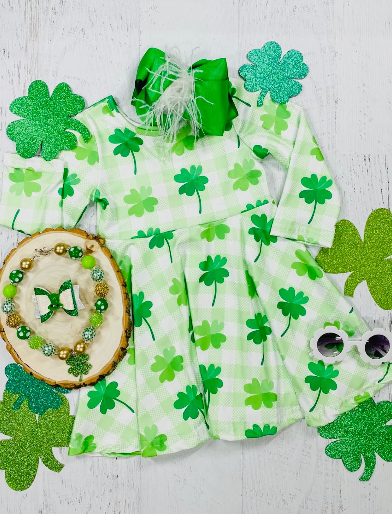 St. Patrick's Four Leaf Clover Plaid Twirl Dress