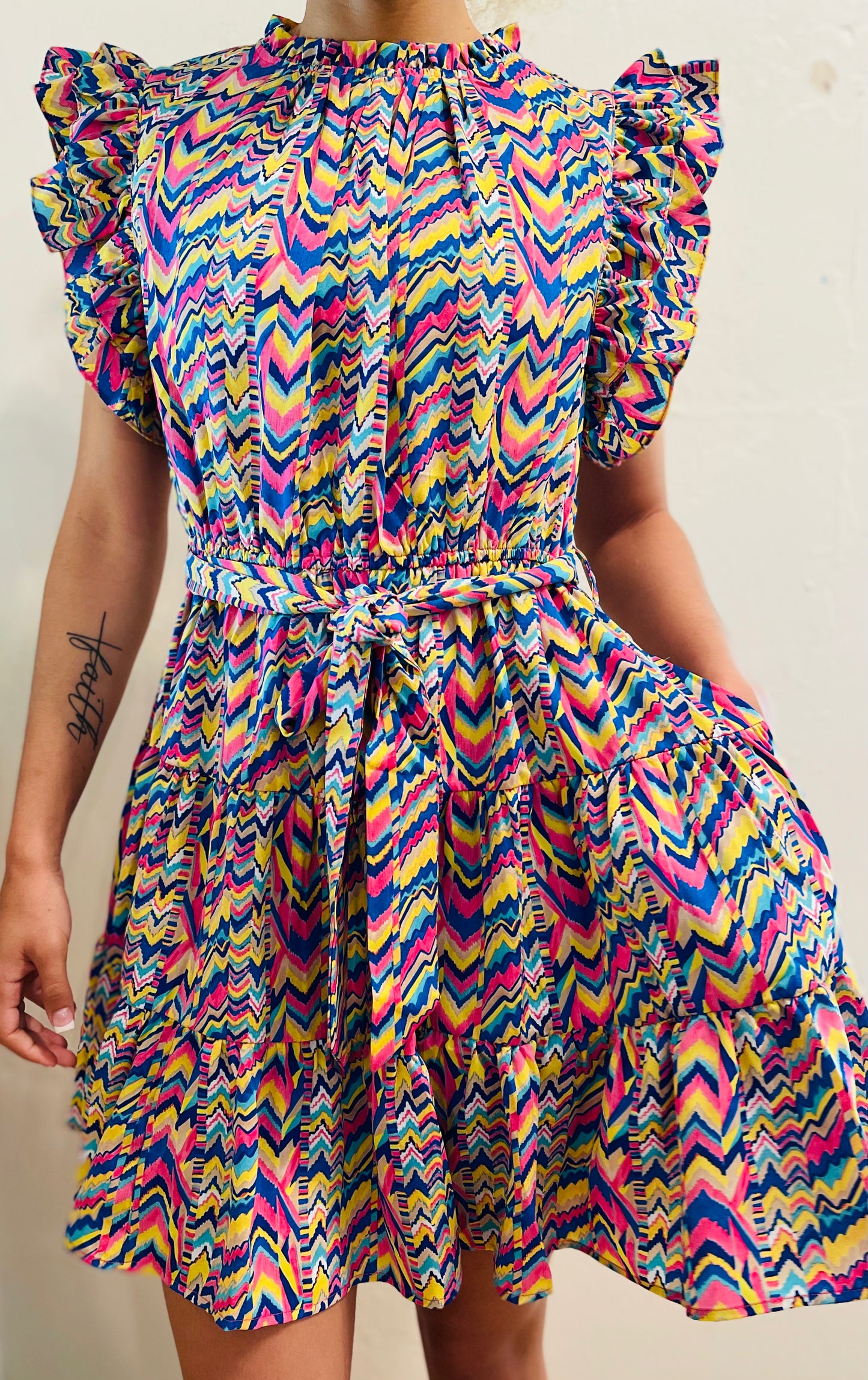 Royal Mix Print Belted Waist Tiered Dress
