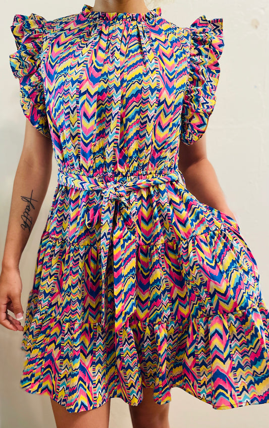 Royal Mix Print Belted Waist Tiered Dress