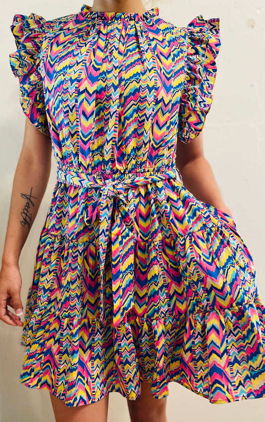 Jodifl Royal Mix Print Belted Waist Tiered Dress