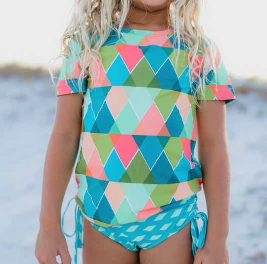 Oopsie Daisy Teal Peach Diamond Rash Guard
