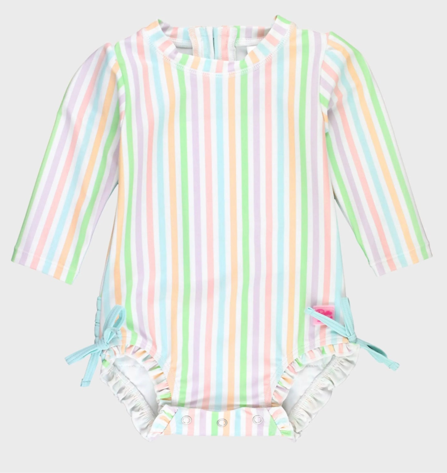 Ruffle Butts Pale Rainbow Stripe LS One Piece Rashguard