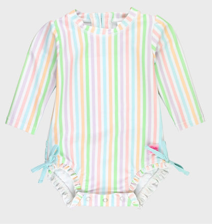 Ruffle Butts Pale Rainbow Stripe LS One Piece Rashguard