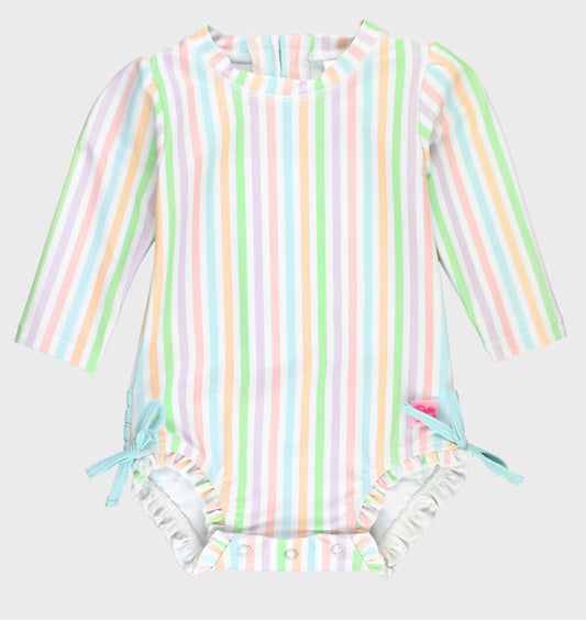 Ruffle Butts Pale Rainbow Stripe LS One Piece Rashguard